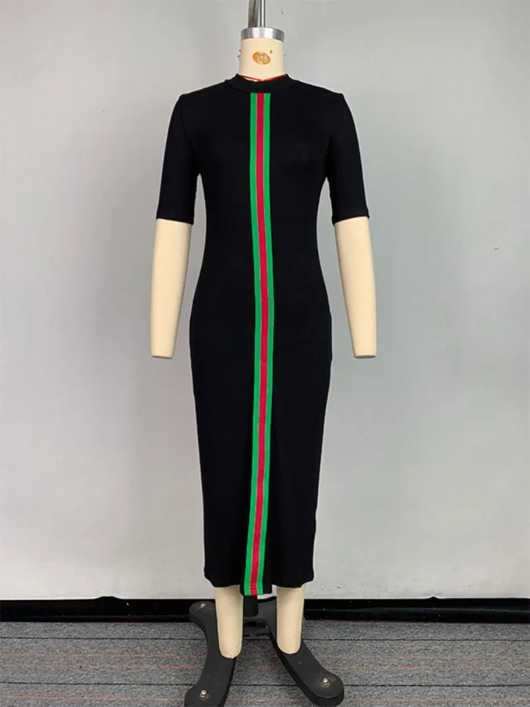 Onecozyday – robe moulante à rayures de couleur contrastée pour femmes, mode col rond, demi-manches, robe de soirée extensible, 2025