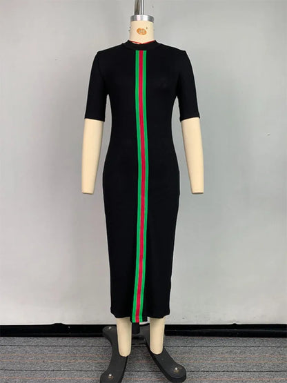 Onecozyday – robe moulante à rayures de couleur contrastée pour femmes, mode col rond, demi-manches, robe de soirée extensible, 2025