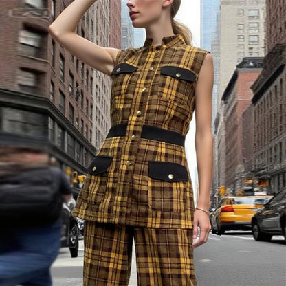 Krisstargirl 2 pièces ensembles tenue pour femmes été automne Plaid vêtements d'extérieur gilet haut pantalon à jambes larges correspondant costumes femme