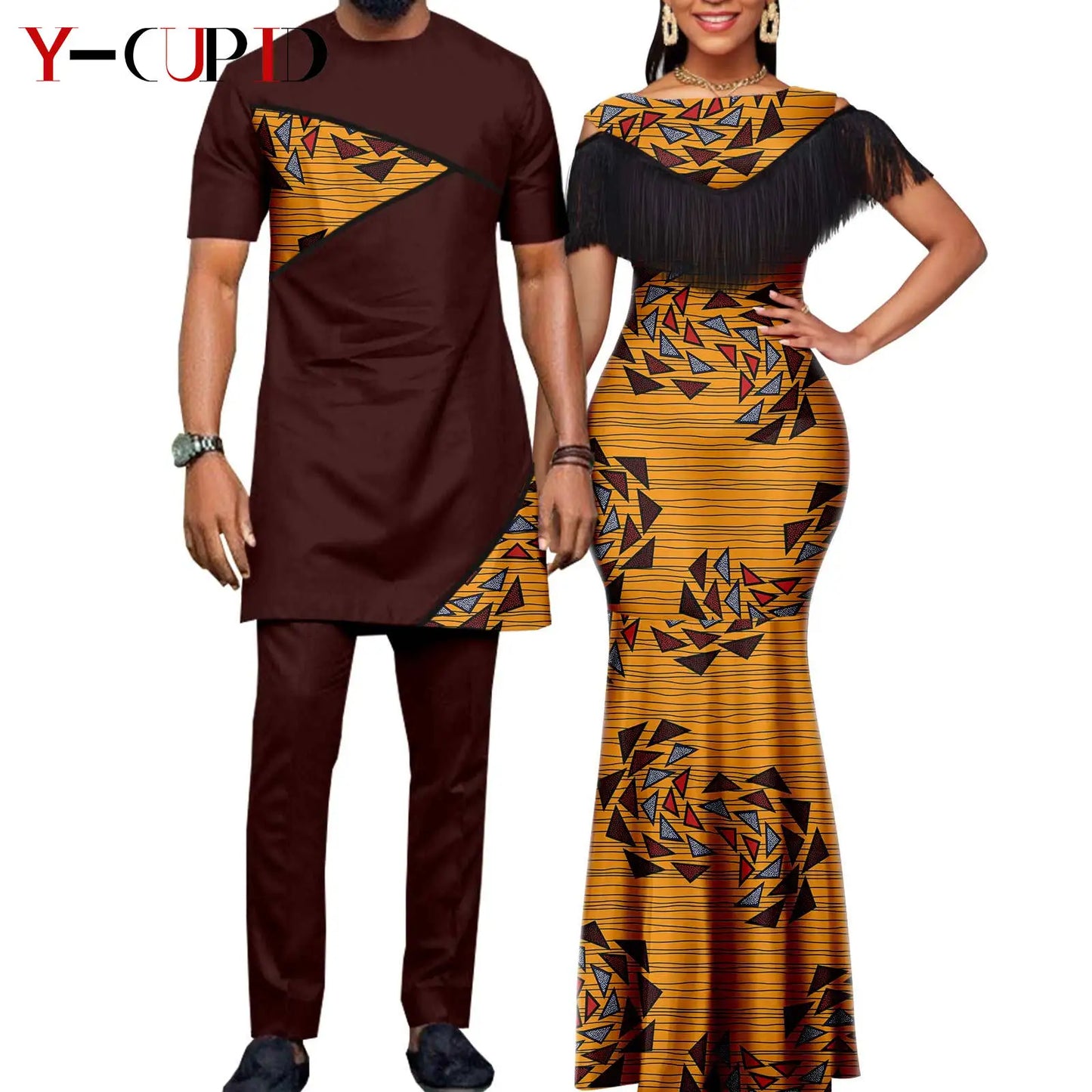 Robes africaines pour femmes, tenues de Couple assorties, Bazin Riche Dashiki, Slim, imprimé pompon, longues robes de fête Y23C009