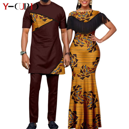 Robes africaines pour femmes, tenues de Couple assorties, Bazin Riche Dashiki, Slim, imprimé pompon, longues robes de fête Y23C009