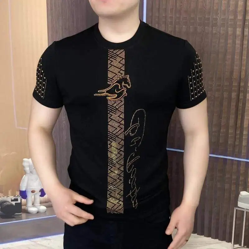 Luxe strass T-shirt à manches courtes pour hommes été col rond coupe ajustée décontracté T-shirt Social Streetwear T-shirt hauts M-5XL