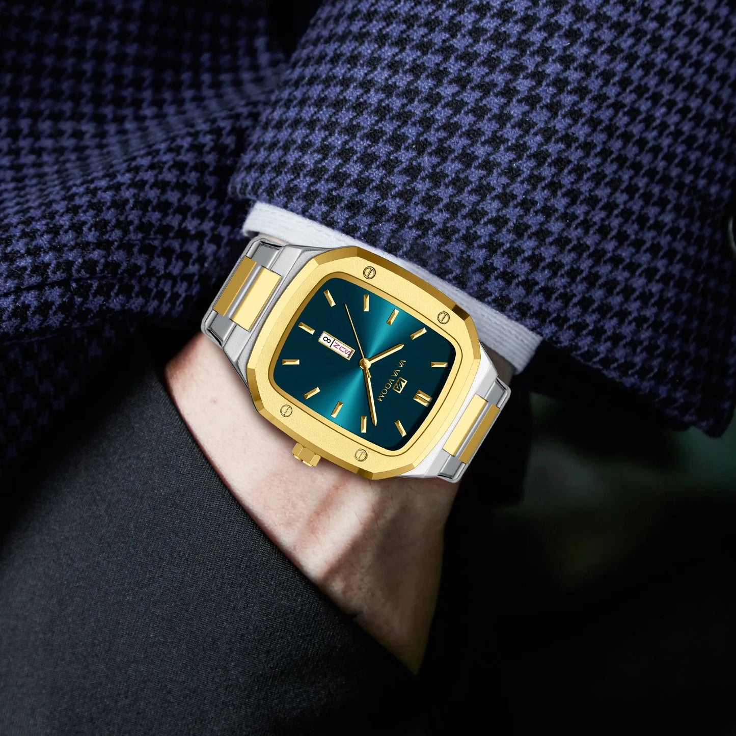 2024 Nouveaux hommes montre mode carré bracelet en acier inoxydable bleu or 3Bar Quartz semaine calendrier simulé affaires sport montre-bracelet