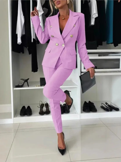 Mode Double boutonnage à manches longues costume ensemble femmes nouveau automne hiver coupe ajustée petite jambe pantalons longs femme bureau 2 pièces ensemble