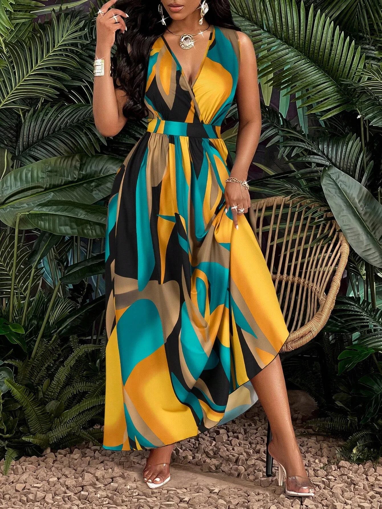 Robe femme sans manches, col en V, longueur au sol, avec imprimés abstraits, à la mode pour la plage et les occasions décontractées