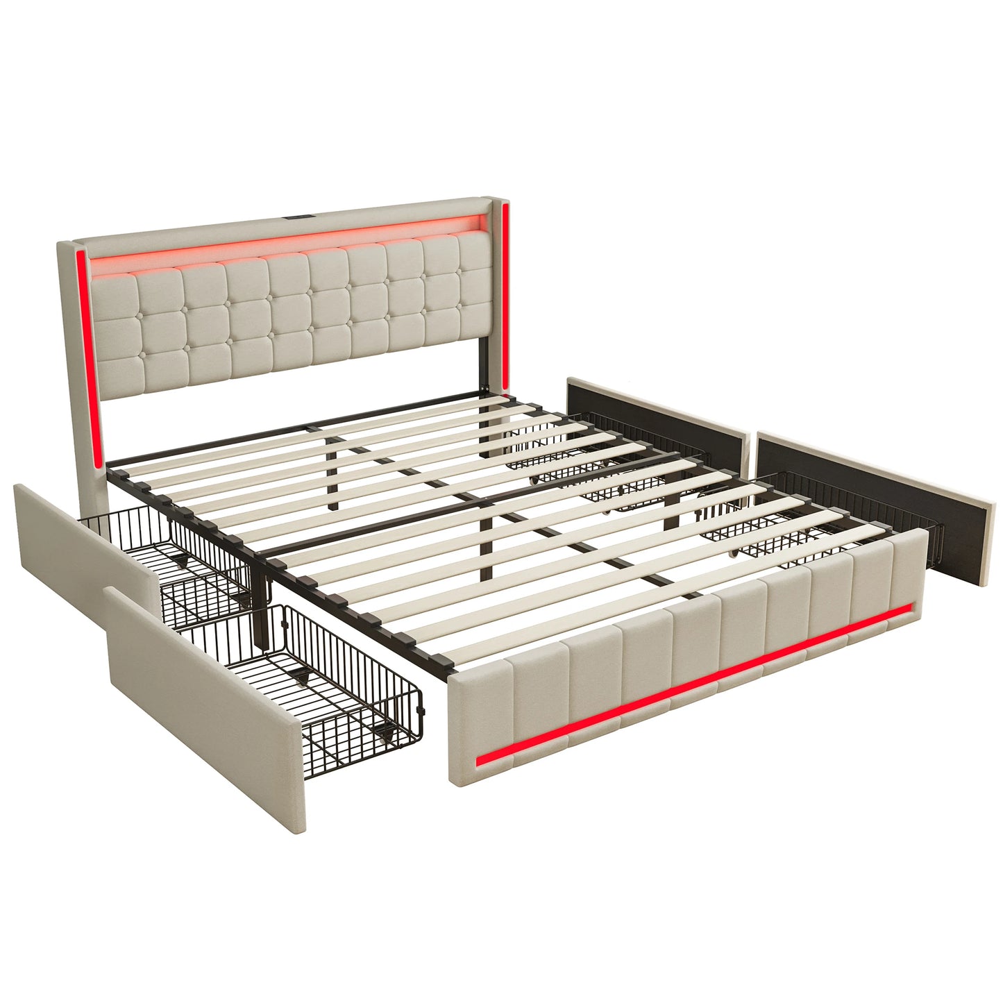 Lit capitonné 140/160x200 cm, tête de lit avec éclairage LED et fonction de chargement USB, lit double avec 4 tiroirs, lit fonctionnel