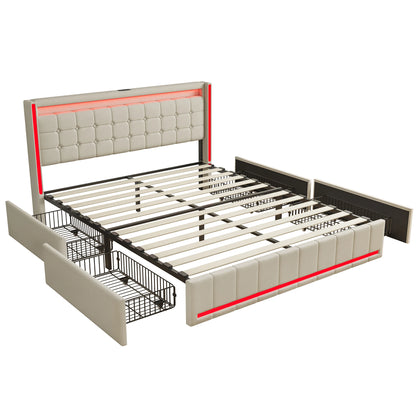 Lit capitonné 140/160x200 cm, tête de lit avec éclairage LED et fonction de chargement USB, lit double avec 4 tiroirs, lit fonctionnel