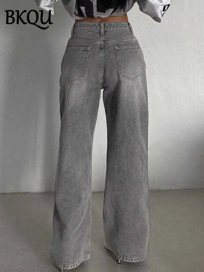BKQU gris Vintage Baggy jean femme Streetwear taille haute Y2K jambe large Denim pantalon ample femme Hip Hop pantalon américain années 2000