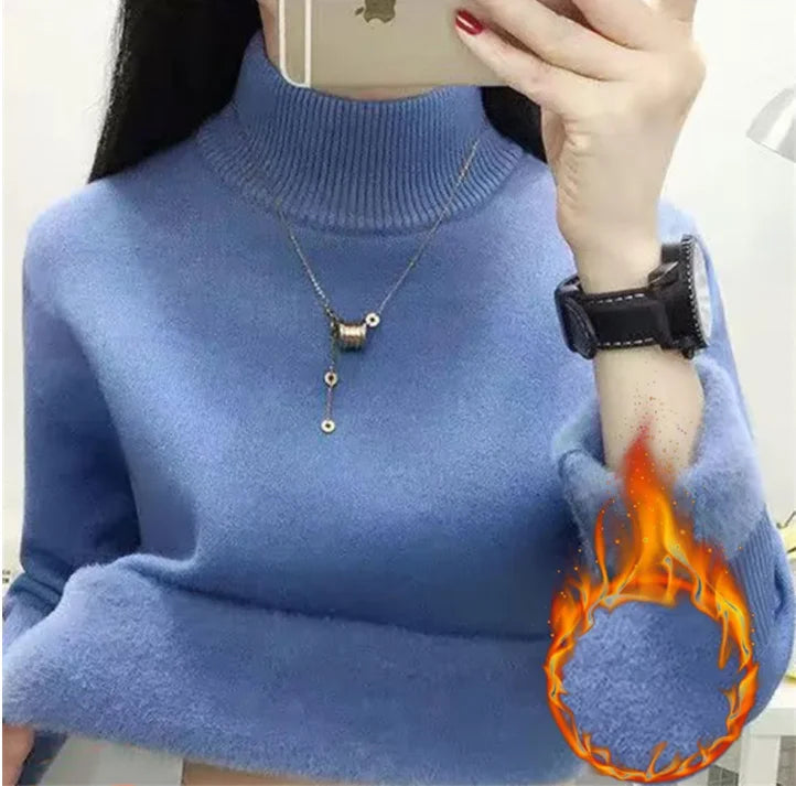 Pull Slim à Demi-Col Roulé pour Femme, Tricot Doublé de Velours, Chaud, Épais, en Jersey Doux, Collection Hiver