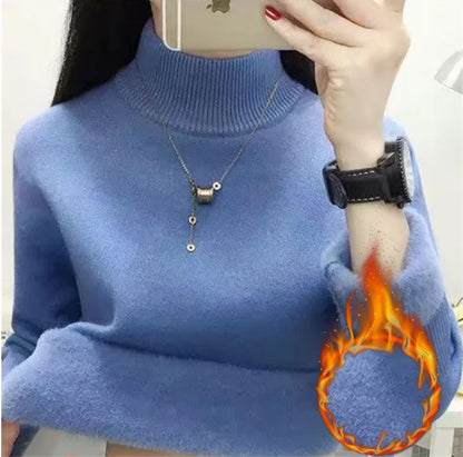 Pull Slim à Demi-Col Roulé pour Femme, Tricot Doublé de Velours, Chaud, Épais, en Jersey Doux, Collection Hiver