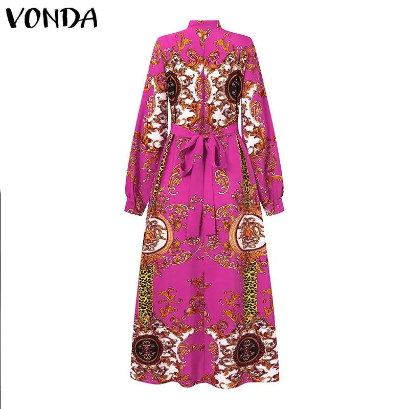 VONDA Robe Maxi 2024 été femmes bohème imprimé fête Robe d'été à manches longues col montant Robe décontractée vacances robes ceinturée
