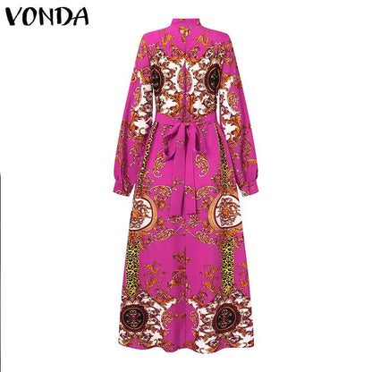VONDA Robe Maxi 2024 été femmes bohème imprimé fête Robe d'été à manches longues col montant Robe décontractée vacances robes ceinturée