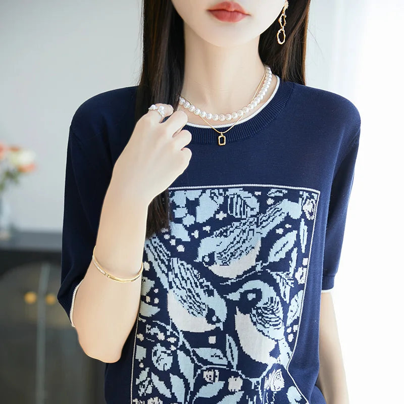 2025 été nouveau 100% Lyocell femmes à manches courtes décontracté col rond jacquard dessin animé T-shirt lâche hauts en tricot pull t-shirts cool