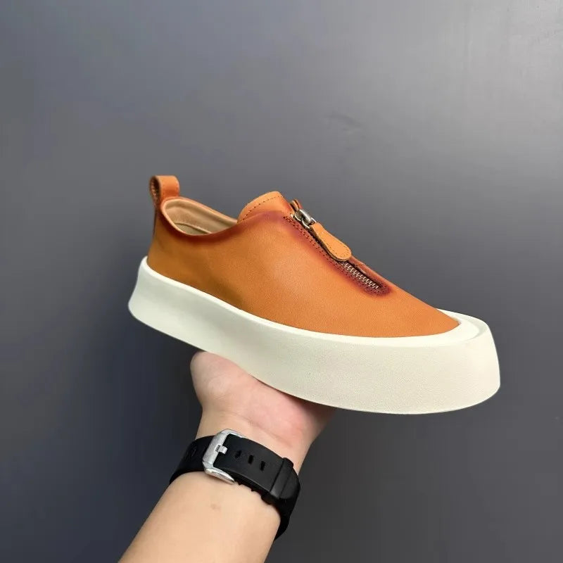 Mocassins à fermeture éclair pour hommes, cuir de vachette véritable, chaussures décontractées, baskets d'extérieur vintage, chaussures de skateboard, plate-forme optique, mode