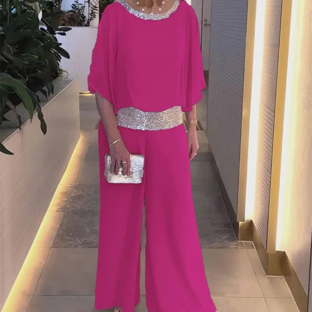 Femmes paillettes Patchwork ample chauve-souris Blouse pantalon ensembles 2 pièces vente rose chemisier ample et jambe large pantalon ample costumes NMD- 250310004