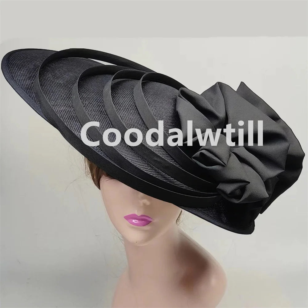 Noir grand Chapeau fascinateur femmes Royal Ascot casque fleur mode Chapeau Casquette pour église Kentucky Derby Chapeau Casquette bandeau