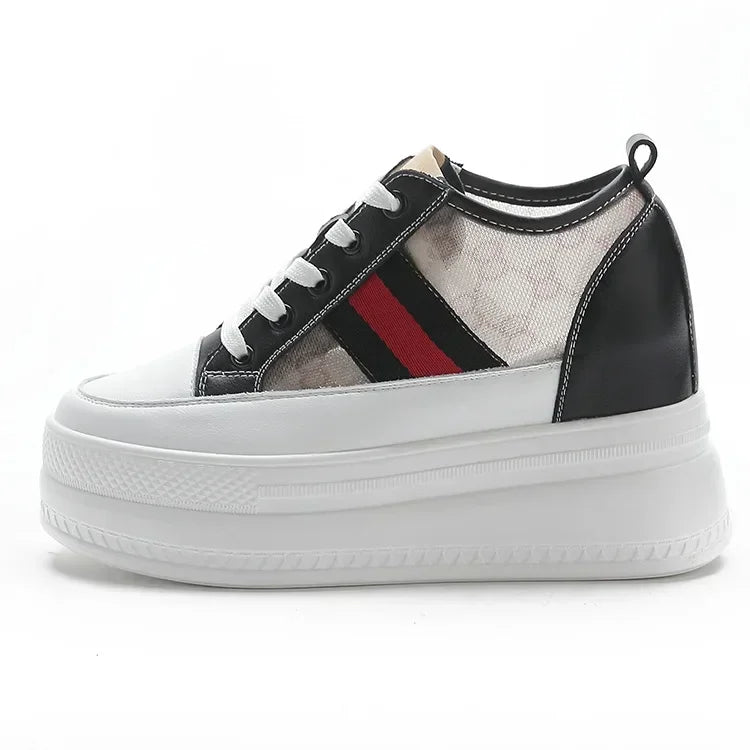 9cm femmes chaussures grosses baskets Air maille évider en cuir véritable blanc chaussures compensées plate-forme talon pompes Mujer Bombas