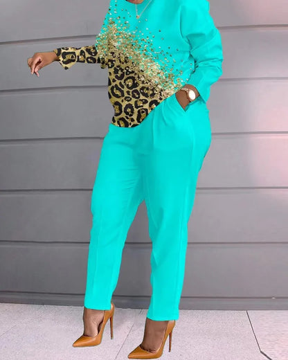 Ensemble deux pièces imprimé pour femmes, t-shirt à manches longues, col rond, chemise épissure, taille haute, costumes pour dame de bureau, automne