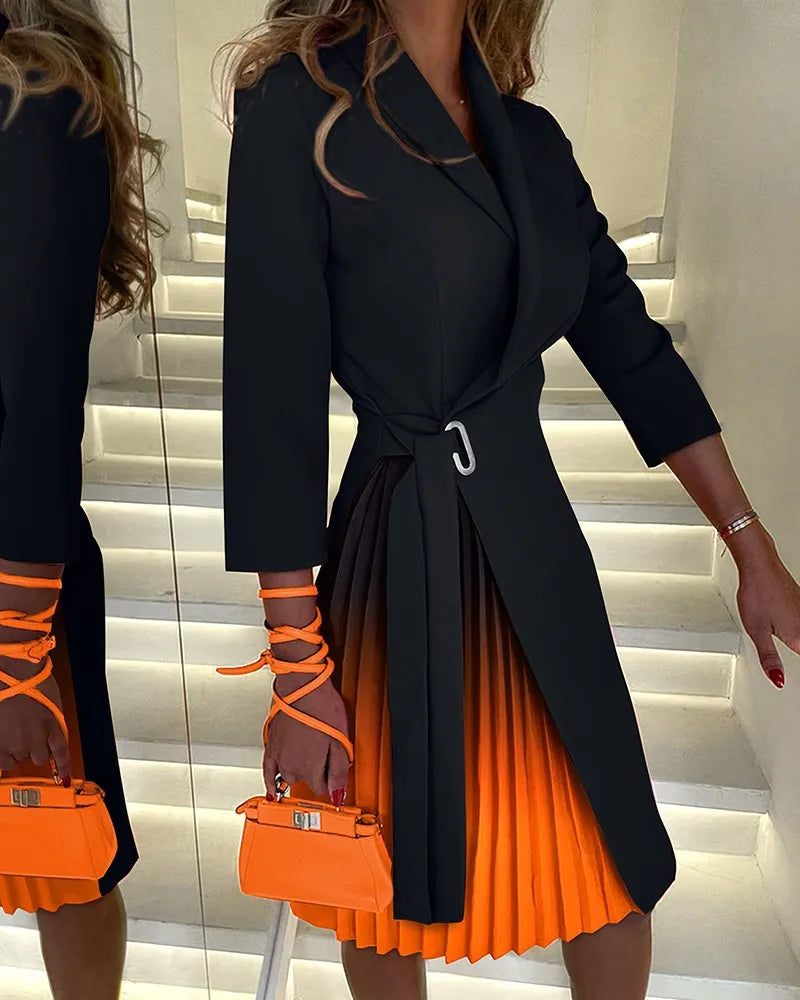 Robe mi-longue plissée à col en V pour femmes, taille à lacets, manches mi-longues, mode chic, robe de bureau élégante