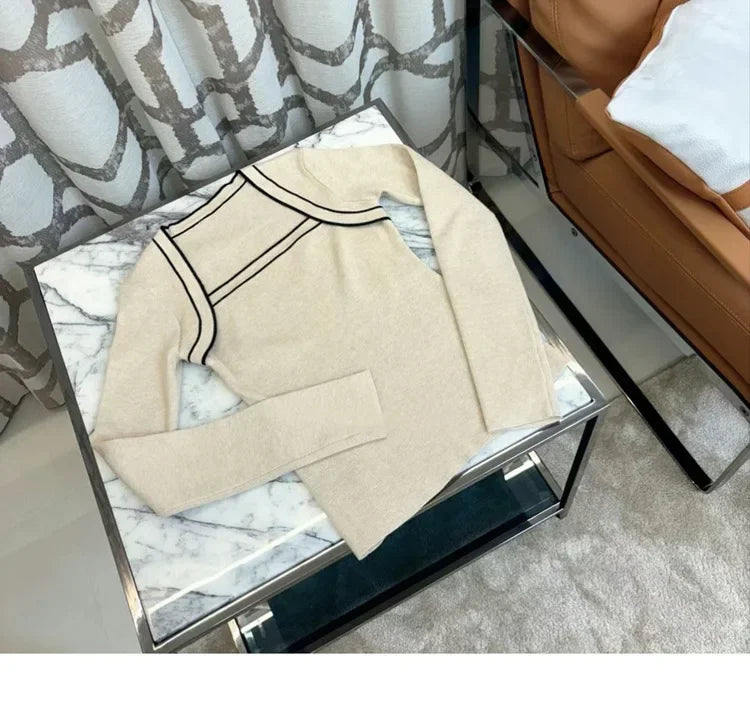 Français élégant bloc de couleur à manches longues chemise tricotée femmes col carré conception spectacle clavicule T-Shirt décontracté haut tendance