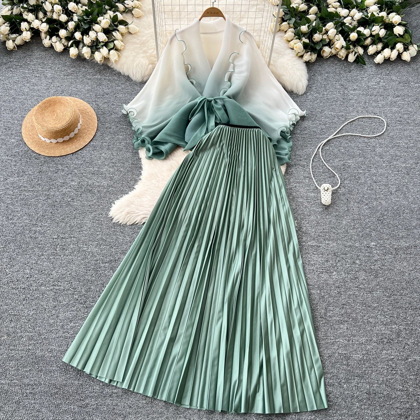 Miyake pli changement progressif couleur bord ondulé costume soleil jupe plissée à la mode et élégant deux pièces ensembles tenues pour femmes