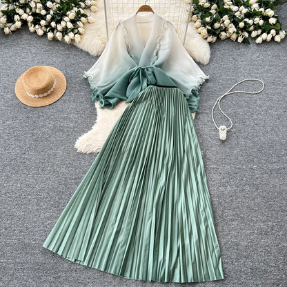 Miyake pli changement progressif couleur bord ondulé costume soleil jupe plissée à la mode et élégant deux pièces ensembles tenues pour femmes