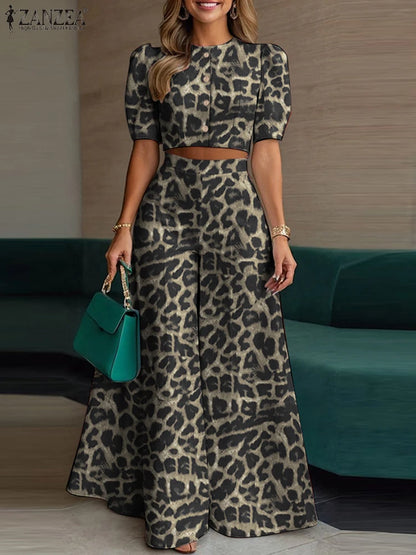 BS -  rue mode femme 2 pièces ensembles élégant manches courtes bouffantes haut court pantalon à jambes larges 2 pièces tenue élégant bureau pantalon ensembles