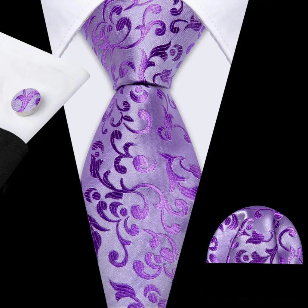 Barry.Wang violet lilas lavande soie hommes cravate mouchoir bouton de manchette ensemble Jacquard cravate florale pour homme mariage fête d'affaires