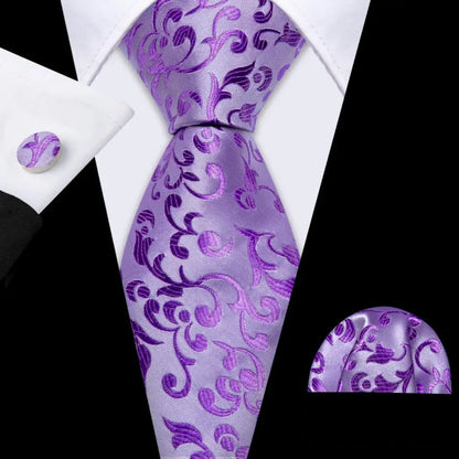 Barry.Wang violet lilas lavande soie hommes cravate mouchoir bouton de manchette ensemble Jacquard cravate florale pour homme mariage fête d'affaires