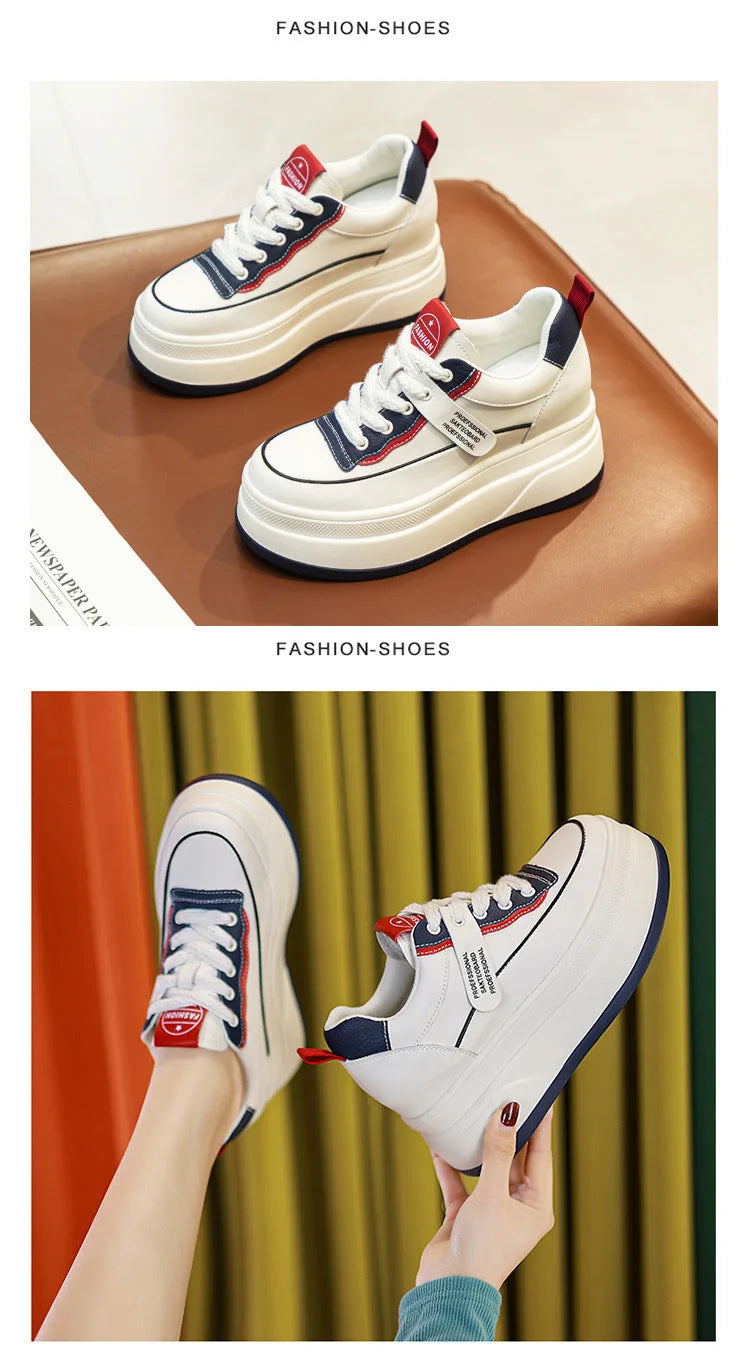 Fujin-Chaussures à l'offre elles compensées en cuir véritable pour femme, grosses chaussures blanches de 9cm, à la mode, automne et été