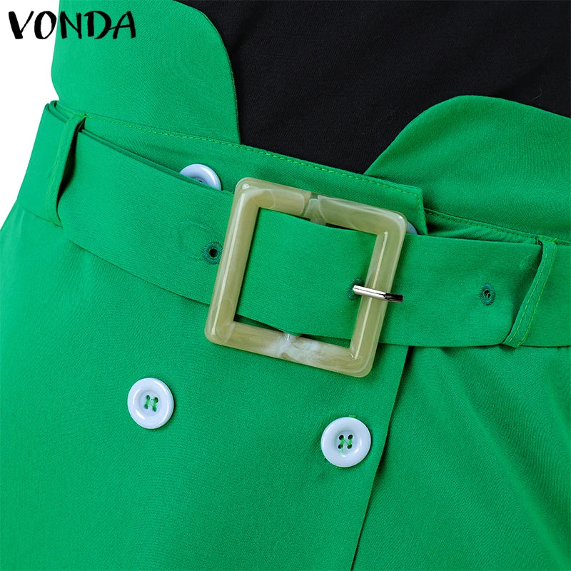 VONDA femmes jupes 2025 décontracté ceinture bouton conception fente longues jupes élégant couleur unie bureau dame bas surdimensionné