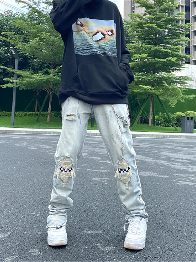 Jean à jambes larges pour homme et femme, streetwear, décontracté, déchiré, troué