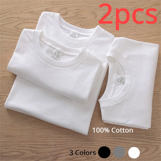 2 pièces 100% coton solide t-shirts hommes et femmes à manches courtes blanc t-shirts décontracté respirant ample col rond T-shirt Couple hauts
