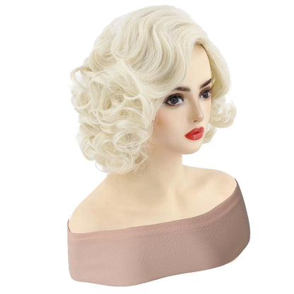 Perruque synthétique courte blonde bouffante bouclée et ondulée de 12 pouces pour femmes, pour usage quotidien en fête, aspect naturel, sans colle, résistante à la chaleur