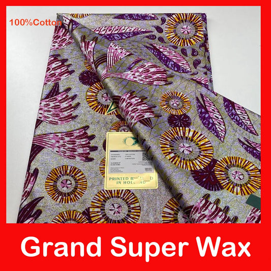 Tissu africain en cire de coton, très bonne qualité, nouvelle grande cire Ankara brillante Pagne, couleur grise, brillant doré, trucs Batik, 6 mètres