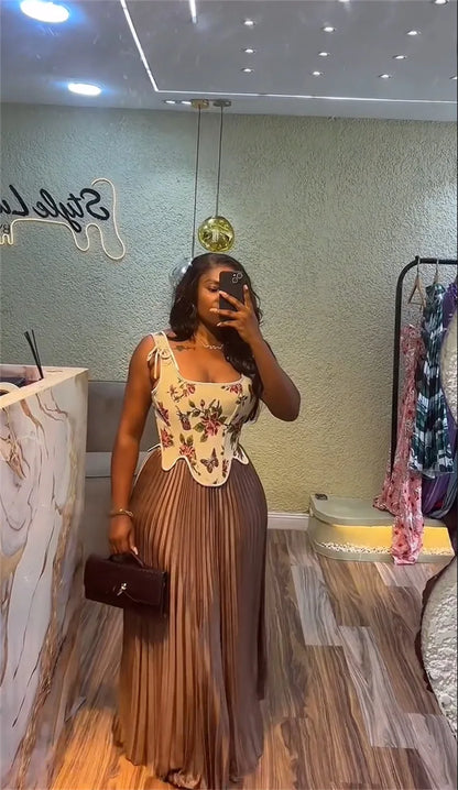 CM.YAYA ensemble femme imprimé fleuri taille cintrée gilet + jupes longues plissées costume 2025 fête soirée rue deux 2 pièces ensemble tenue