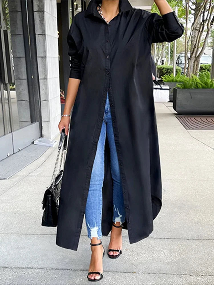 Robe chemise boutonnée à revers pour femmes, robe longue monochrome, streetwear décontracté pour dames, chemise à manches longues pour documents, automne