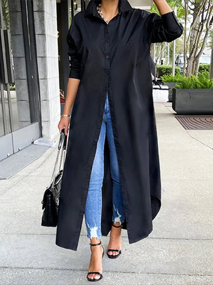 Robe chemise boutonnée à revers pour femmes, robe longue monochrome, streetwear décontracté pour dames, chemise à manches longues pour documents, automne