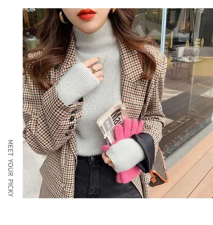 Pull à col roulé à manches longues pour femmes, optique, mince, doux, chaud, côtelé, hiver, automne, 2024