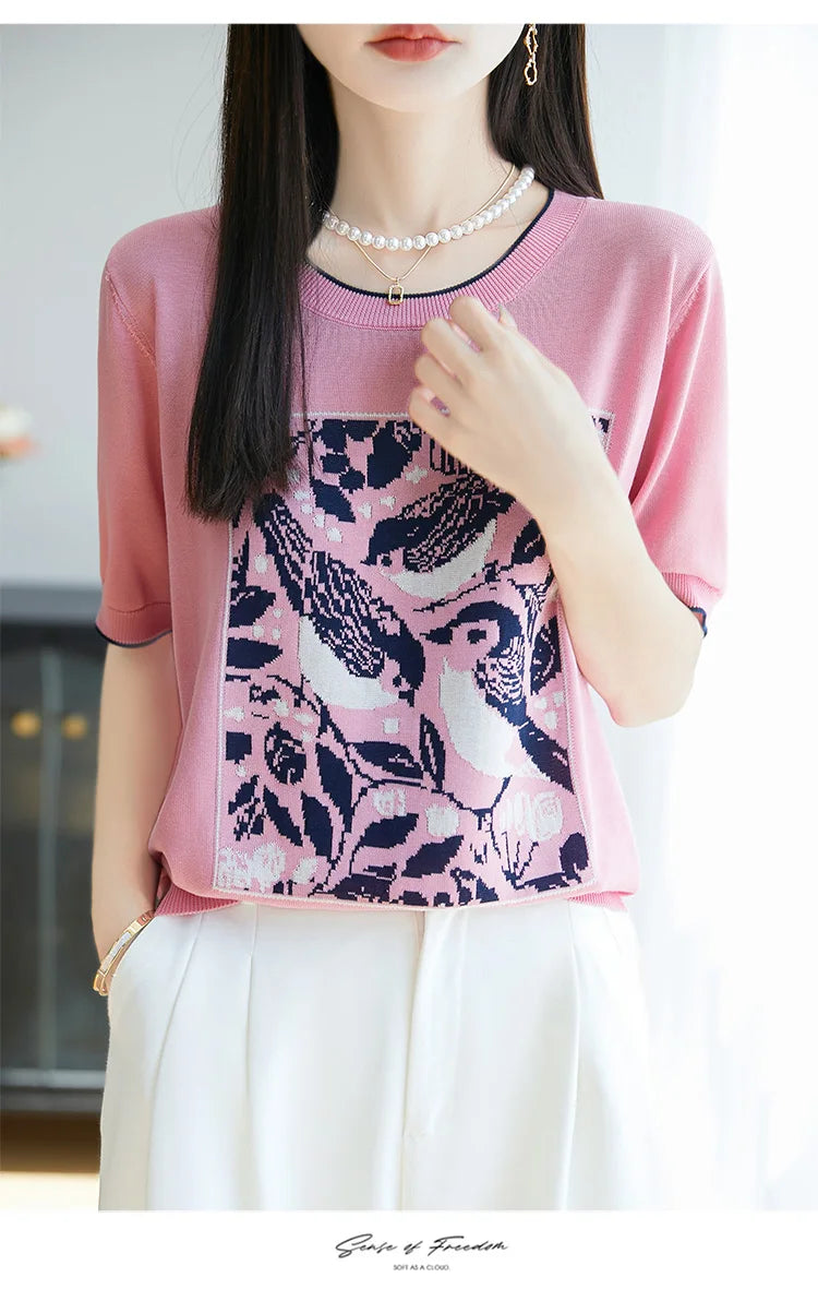 2025 été nouveau 100% Lyocell femmes à manches courtes décontracté col rond jacquard dessin animé T-shirt lâche hauts en tricot pull t-shirts cool