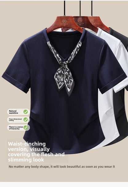 T-Shirt à manches courtes et col en V pour femme, écharpe structurée, épaules froncées, cravate à la taille, amincissante, nouvelle collection 2025