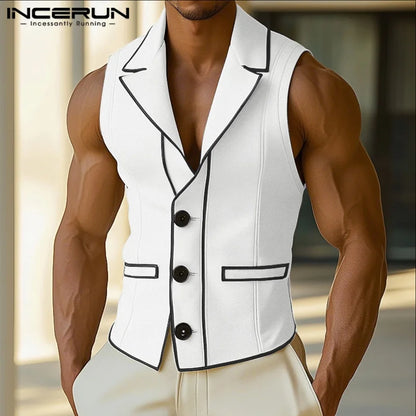 INCERUN hommes gilets Patchwork revers sans manches bouton décontracté hommes gilets couleur-bloc Streetwear 2025 mode gilets hommes S-5XL