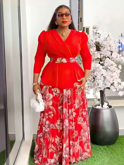 Vêtements africains 2 pièces pour femmes, mode d'été, demi-manches, col en v, haut imprimé en Polyester, jupe longue, ensembles assortis, 2025