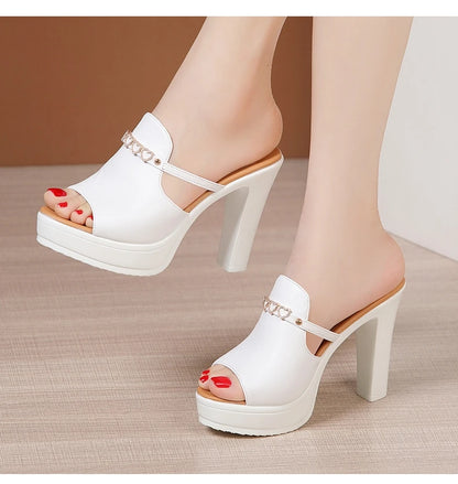 Chaussures à talons hauts de 10cm pour femmes, chaussures à plateforme, pantoufles d'été à semelle épaisse en cuir avec cœur épais, pour bureau et mariage, 2025