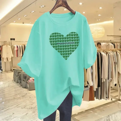 T-shirt à manches courtes en coton imprimé Love pour femmes, t-shirts basiques décontractés à col rond, pulls Lady At, été