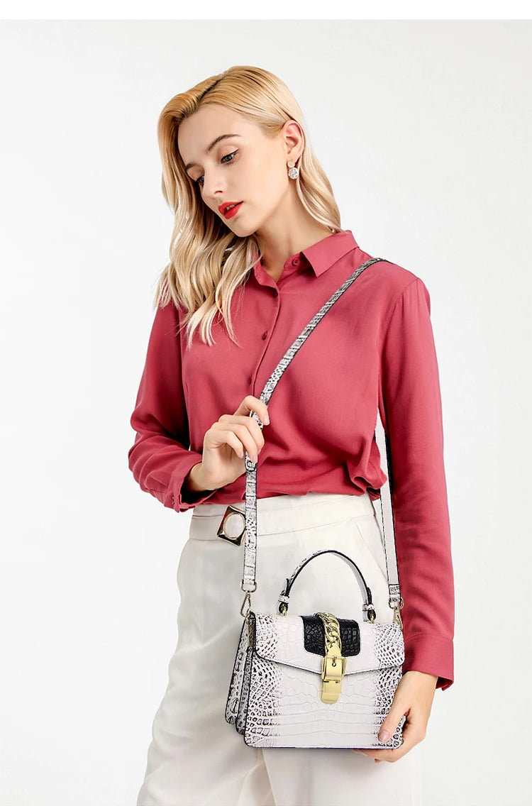 Sacs à main en cuir véritable pour femmes, marque de mode de luxe, sac à bandoulière initié, petit crocodile, carré dur, sacs de messager portables