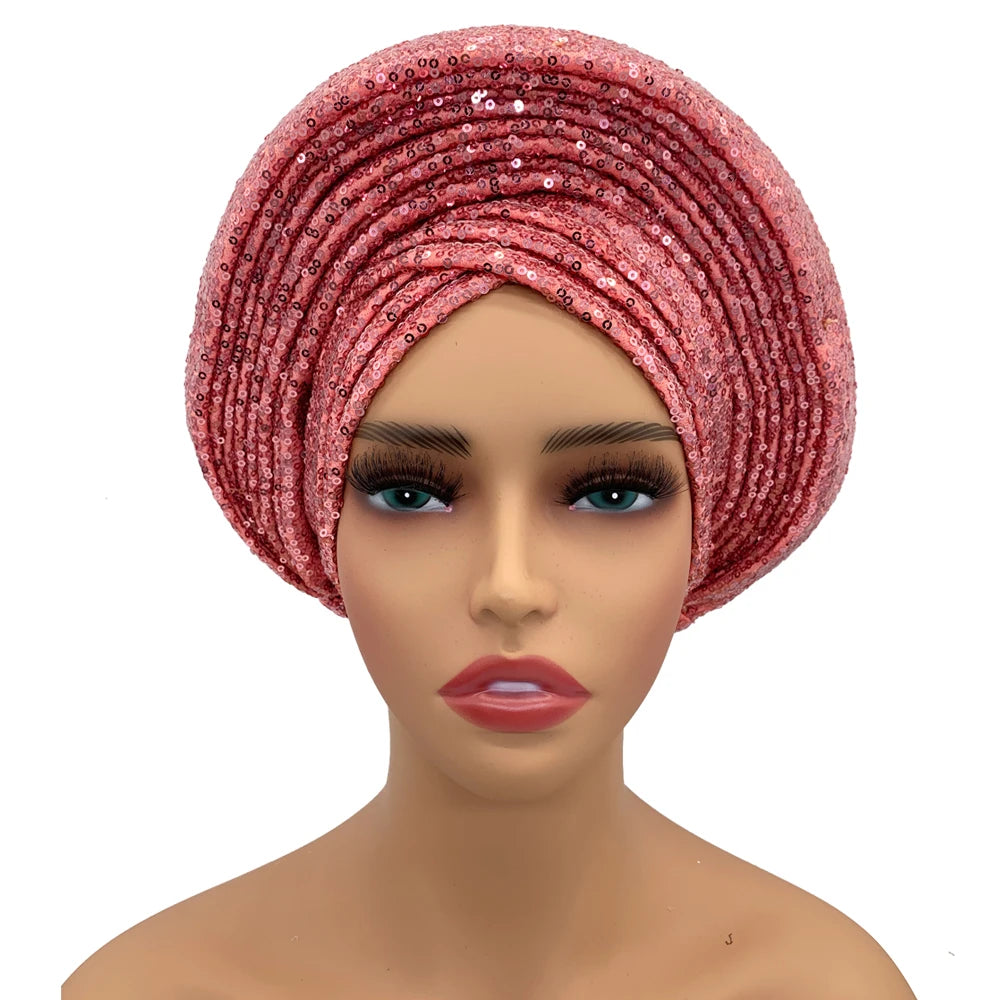 Paillettes Autogele Turban casquette pour femmes prêt africain Auto Gele casque Nigeria mariage Geles femme bandeau dame casque