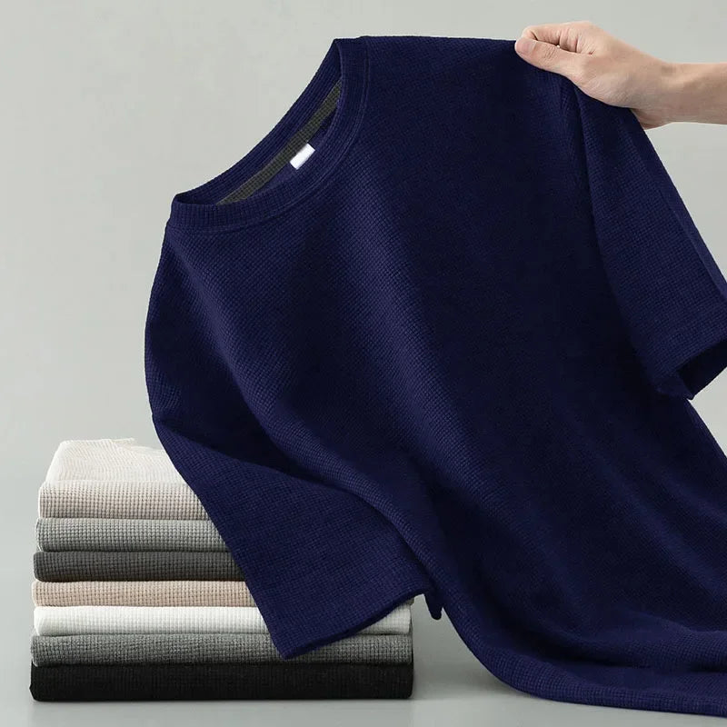 Style coréen hommes été T-Shirt homme à manches courtes gaufré solide T-Shirt couleur T-Shirt décontracté rond hommes col rond haut tendance