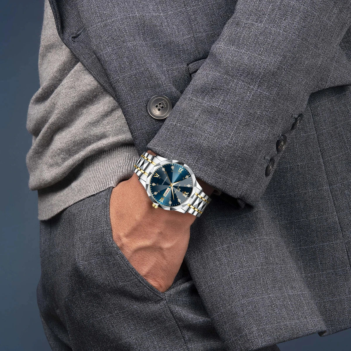 Montre de luxe en acier inoxydable pour homme, diamant, eau, lueur nocturne, double calendrier, mouvement à quartz, bleu, or, mode, affaires, 41mm