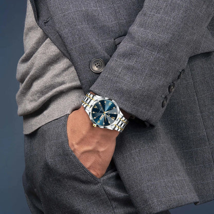 Montre de luxe en acier inoxydable pour homme, diamant, eau, lueur nocturne, double calendrier, mouvement à quartz, bleu, or, mode, affaires, 41mm